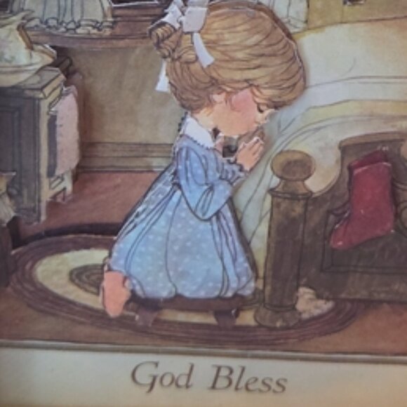 Vintage Wooden/Glass Front Shadow Box w/Girl Praying at Bedside - Picture 1 of 6